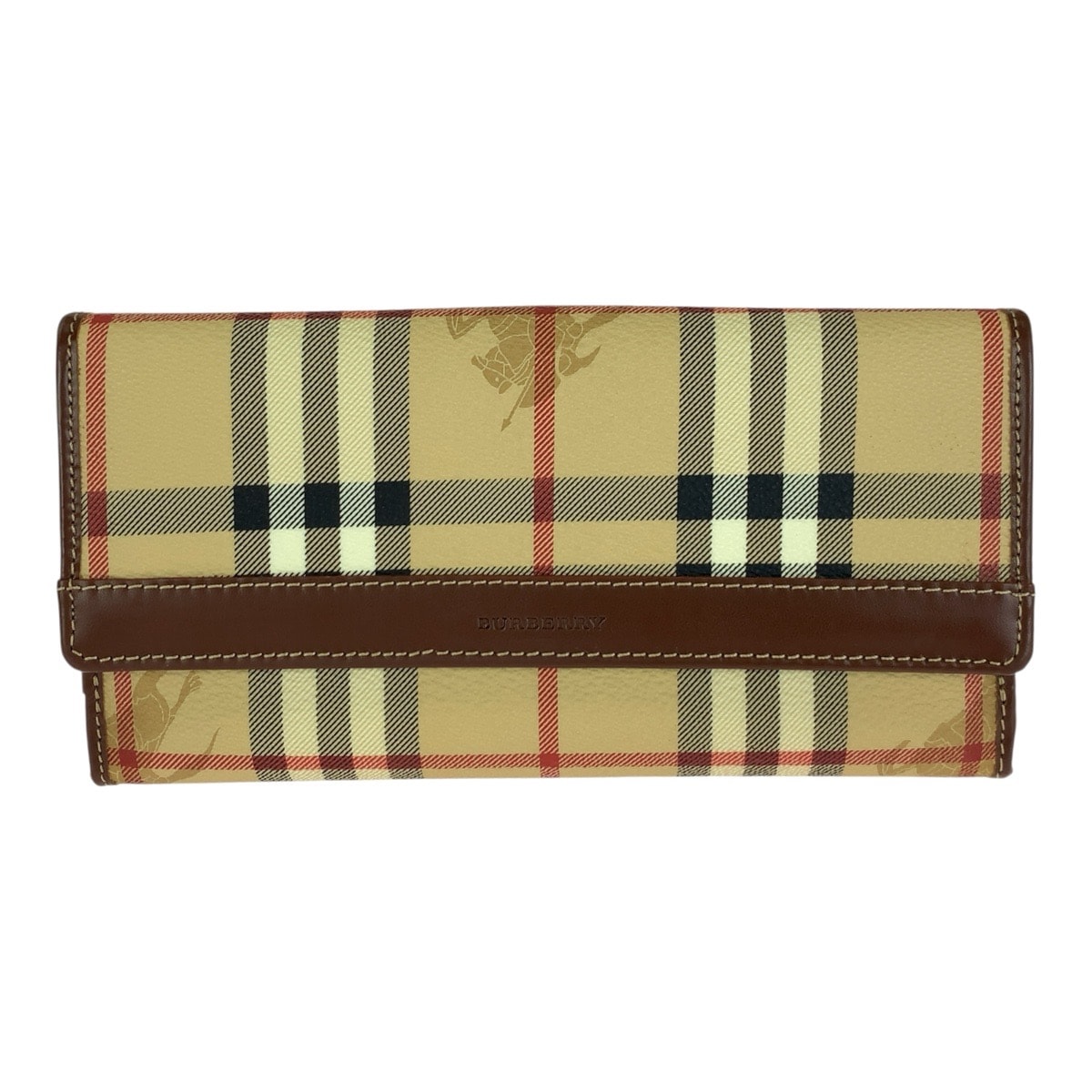 美品 BURBERRY バーバリー チェック柄 ベージュ ブラウン ゴールド金具 PVC レザー/ 長財布 ロングウォレット 1-0295116 【中古】