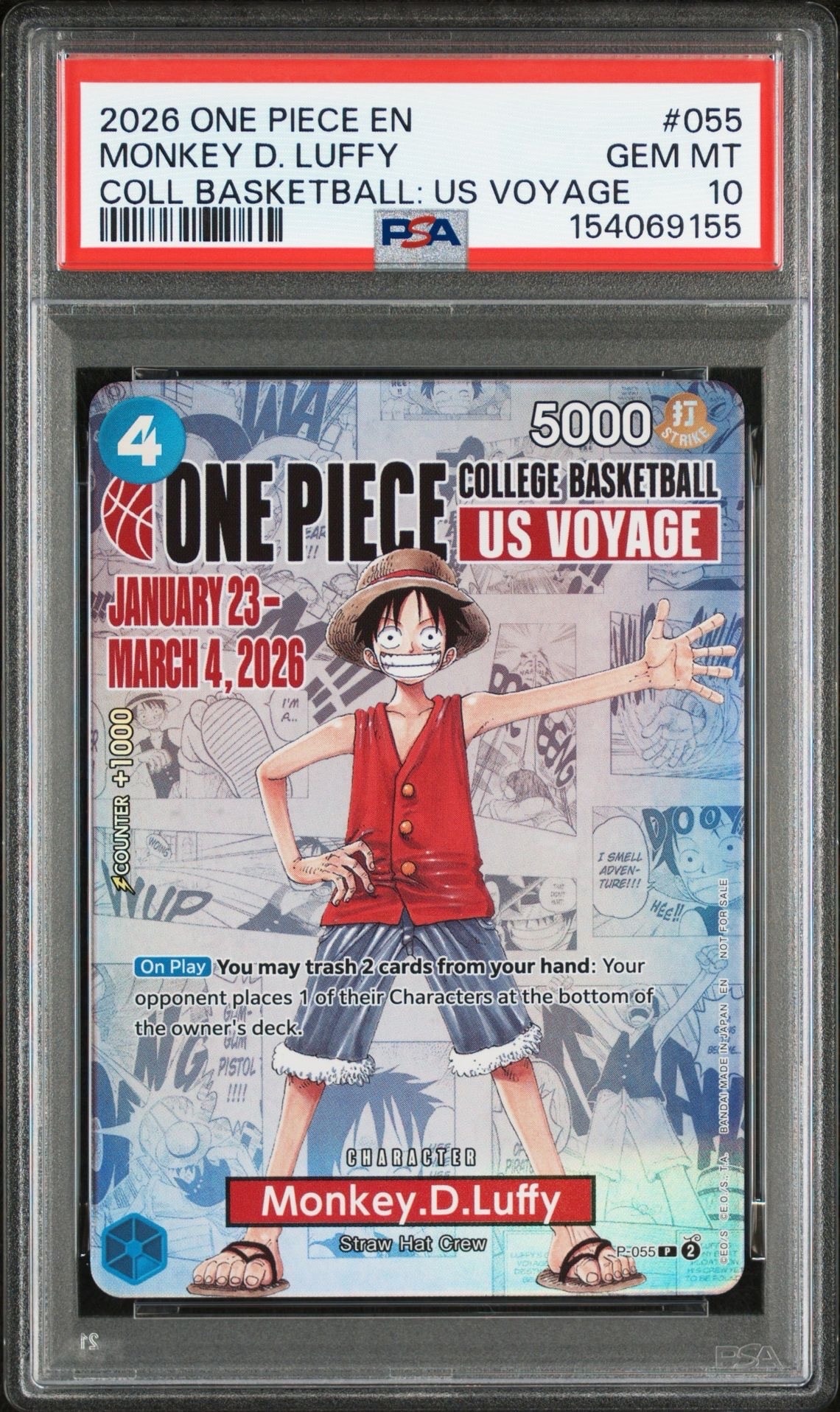 【開封済み】ワンピースカード ルフィ バスケ カレッジ　限定プロモーションカード モンキー・D・ルフィ【プロモ】《青》開封品 ※英語表記 バスケ版P-055
