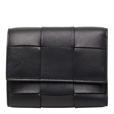 ボッテガヴェネタ マキシイントレチャート カセット 三つ折り財布 ブラック レザー レディース BOTTEGAVENETA 【中古】