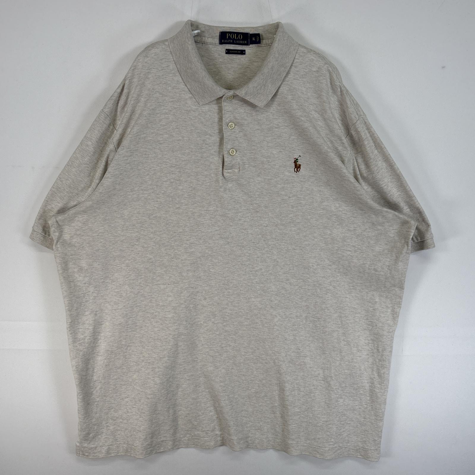 古着 ポロ・ラルフローレン POLO RALPH LAUREN 半袖 ポロシャツ ロゴ 刺繍 大きいサイズ 3ボタン XL  ベージュ系 無地 メンズ