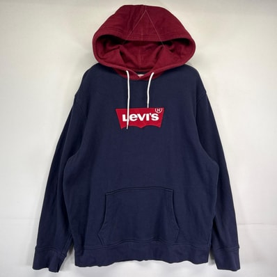 古着 リーバイス Levi's パーカー スウェット 大きいサイズ ワッペン プルオーバー 刺繍 フーディ XL ネイビー メンズ