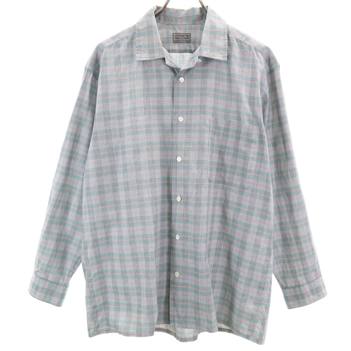 Christian Dior クリスチャンディオール 90s オールド チェック 長袖 オープンカラー シャツ グリーン系