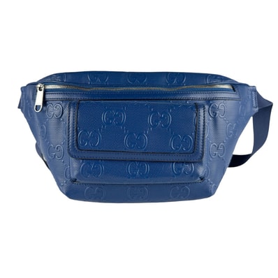 グッチ GUCCI ボディバッグ ウエストバッグ GGエンボス レザー ブルー メンズ 645093【中古】 z10248