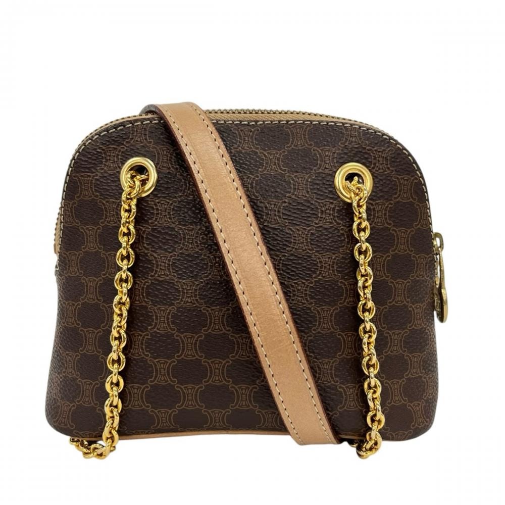 CELINE セリーヌ ショルダーバッグ マカダム チェーンショルダー ミニマル 斜め掛け PVCコーティングキャンバス  レザー   ブラウン 茶 ゴールド金具 レディース【中古品】