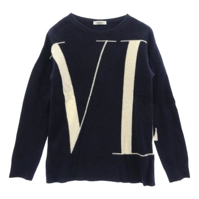 VALENTINO ヴァレンティノ ニット QV0KC29D593 カシミヤ混 VLTNロゴ ロゴプリント クルーネック ニット セーター ダークネイビー系 M【中古】