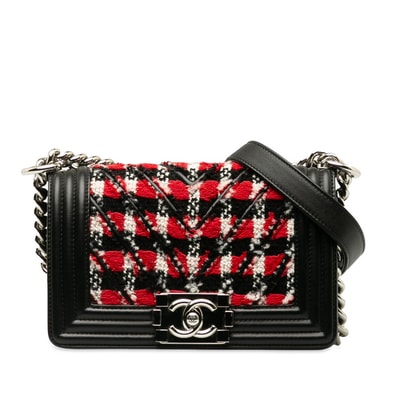 シャネル ボーイシャネル スモール チェーン ショルダーバッグ ブラック レッド ツイード レザー レディース CHANEL 【中古】