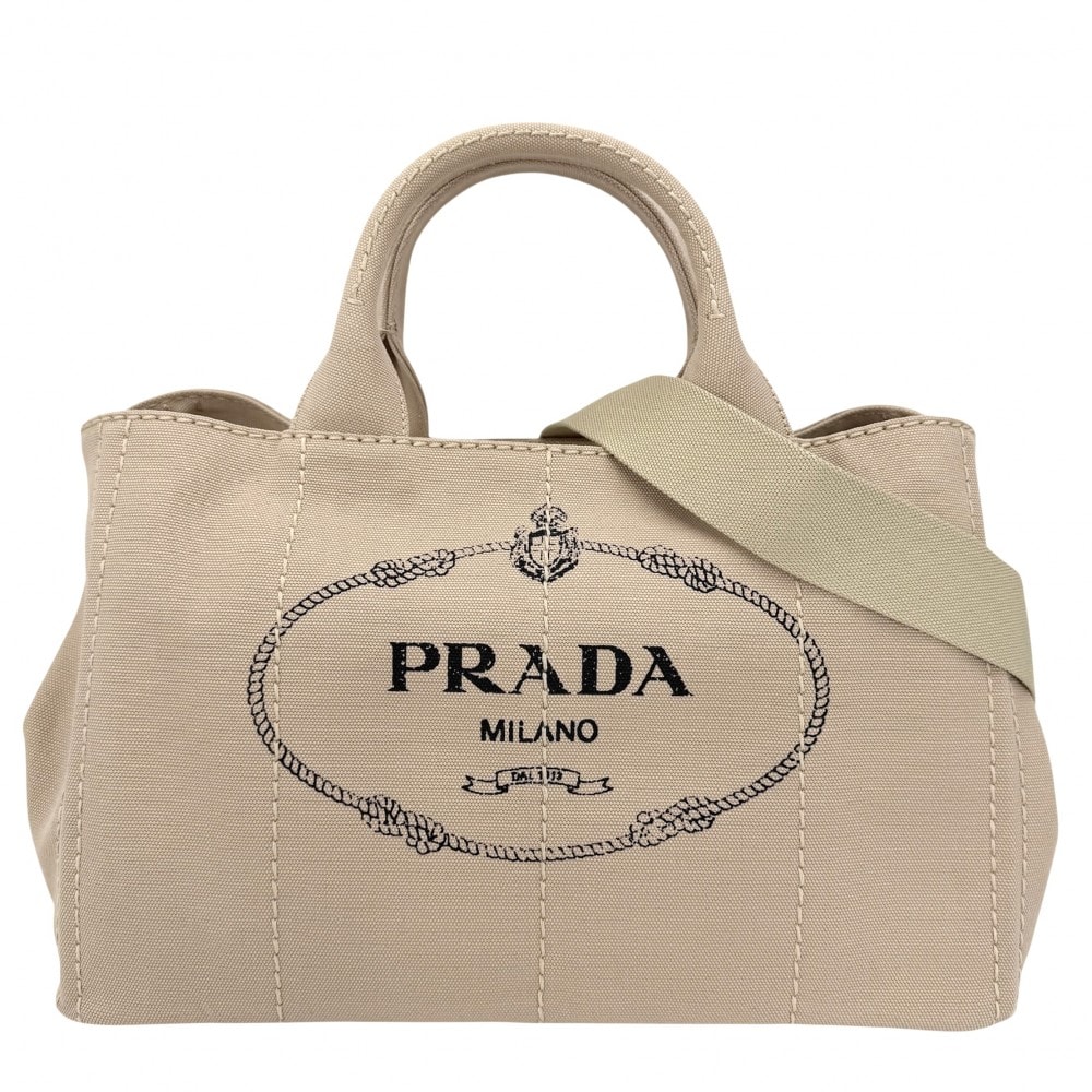 PRADA プラダ ハンドバッグ 肩掛け カナパ トートバッグ トライアングルロゴ 2WAY ショルダーバッグ 1BG642 コットン    ベージュ ゴールド金具 レディース 美品【中古品】
