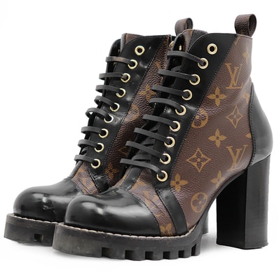 【SALE】LOUIS VUITTON ルイ・ヴィトン LVモノグラム ブーツ サイズ 37 レディース ハイヒール レースアップ シューズ 靴 ブラック ブラウン 黒 茶色 イタリア製