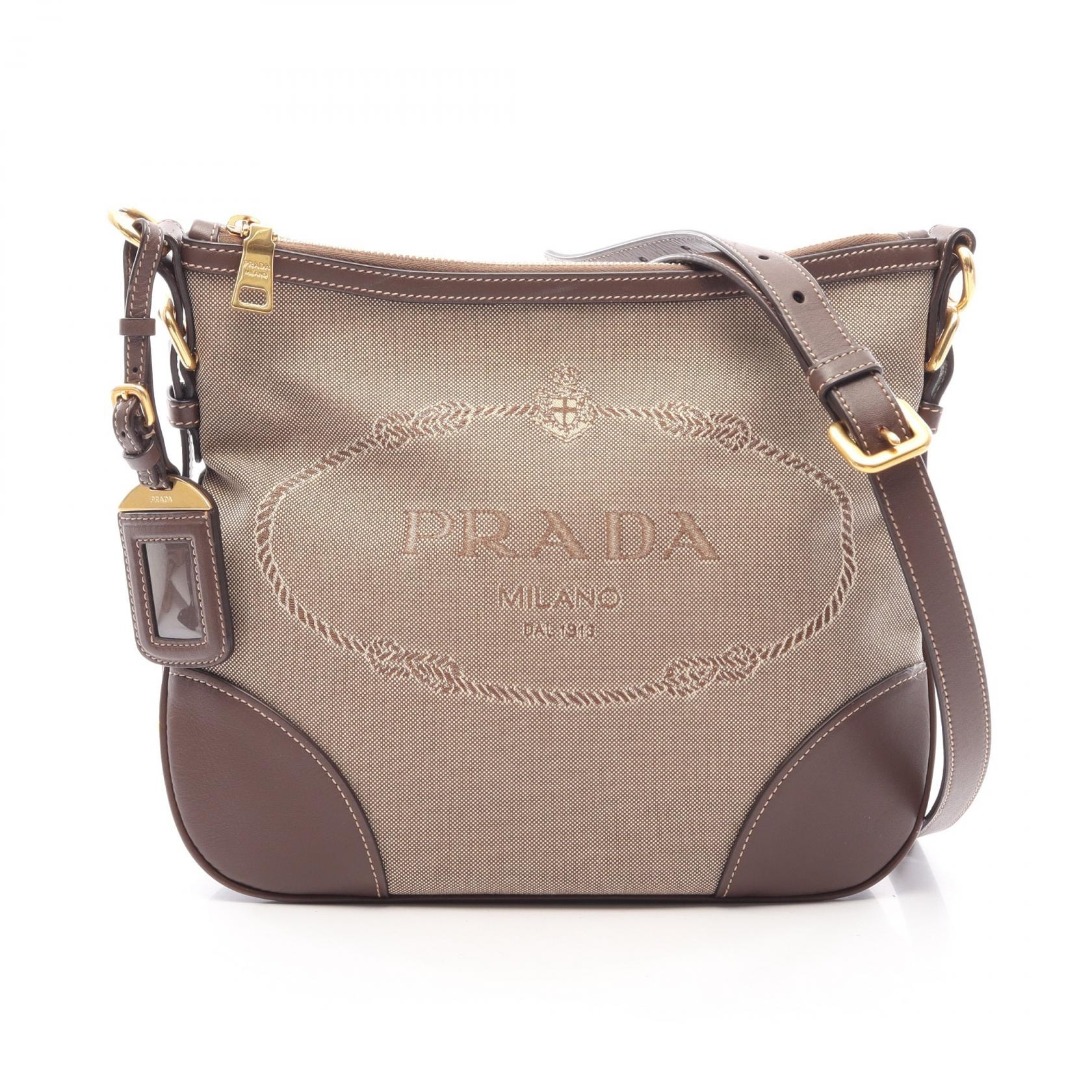 プラダ PRADA ロゴジャガード ショルダーバッグ バッグ キャンバス レザー レディース ベージュ系 / ブラウン系 【中古】