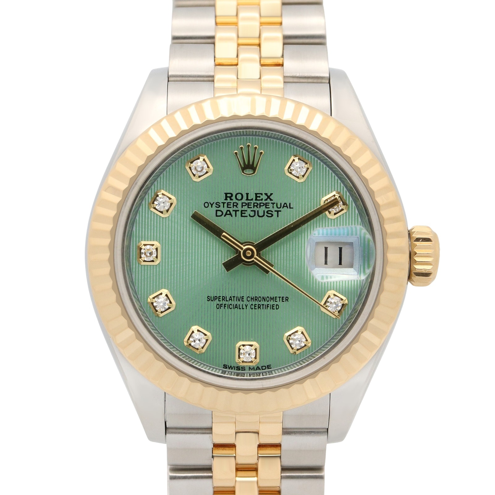 ロレックス ROLEX デイトジャスト 10Pダイヤ ランダム番 腕時計 時計 K18(イエローゴールド) ステンレススチール ダイヤモンド レディース グリーン系 ミントグリーン/タペストリー/新ダイヤ 279173G 【中古】