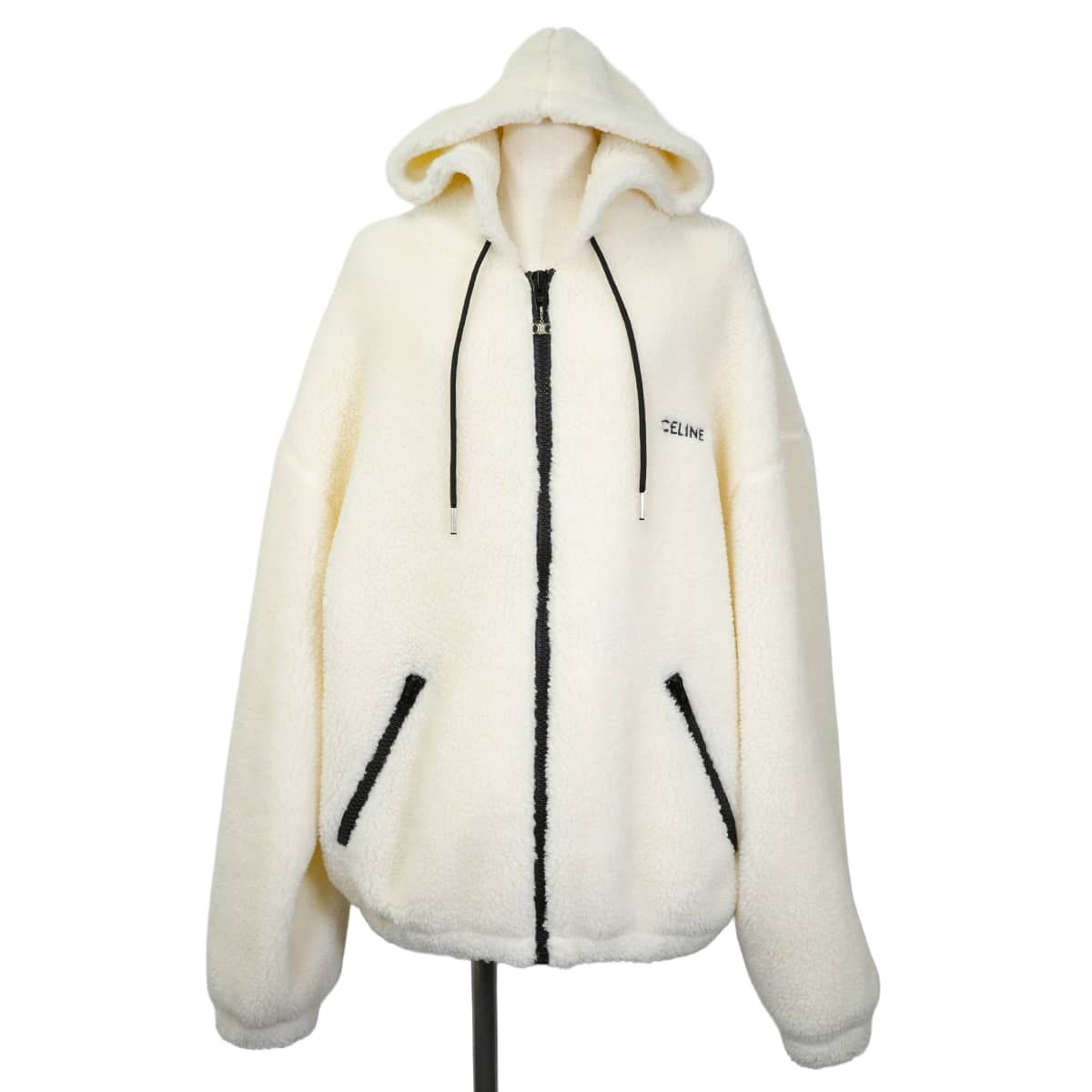 CELINE セリーヌ パーカー ロゴ フリース ジップアップ ルーズフード エディ期 白 (ホワイト) アクリル/ポリエステル #M ブラック金具 2Y905699M.01OB 新品同様【中古】