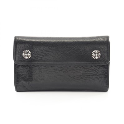 クロムハーツ CHROME HEARTS ウェーブウォレット クロスボタン 二つ折り長財布 財布 レザー メンズ ブラック系 【中古】
