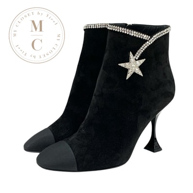 シャネル CHANEL ブーツ ショートブーツ 靴 シューズ スエード ファブリック ブラック 黒 ラインストーン スター
