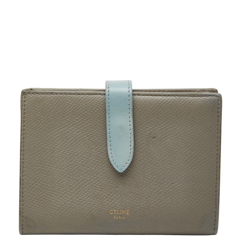 セリーヌ ミディアム ストラップ ウォレット 二つ折り財布 ベージュ ブルー レザー レディース CELINE 【中古】