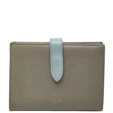 セリーヌ ミディアム ストラップ ウォレット 二つ折り財布 ベージュ ブルー レザー レディース CELINE 【中古】