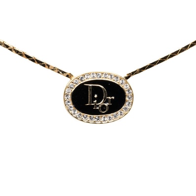 ディオール ロゴ ネックレス ゴールド ブラック メッキ ラインストーン レディース Dior 【中古】