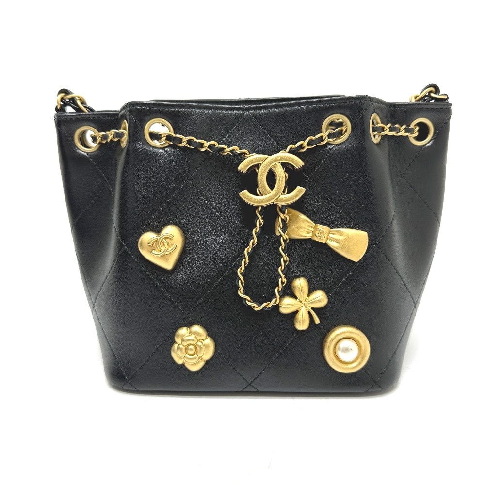 シャネル CHANEL ドローストリング アイコン AS5824 25K チェーン カバン バッグ  ショルダーバッグ レザー ブラック 美品