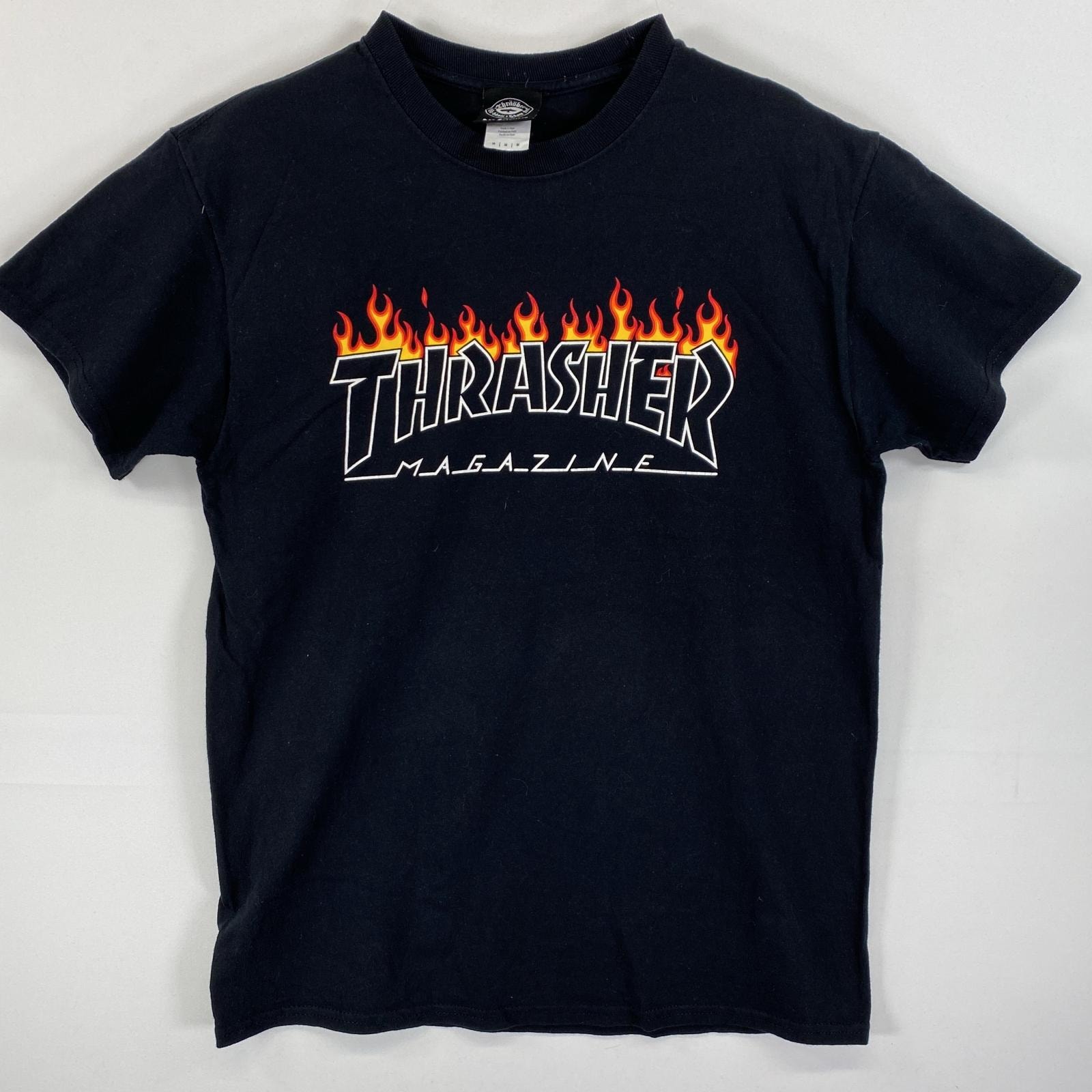 古着 スラッシャー THRASHER 半袖Tシャツ ラバープリント ブランドロゴ ファイヤーパターン M  ブラック メンズ
