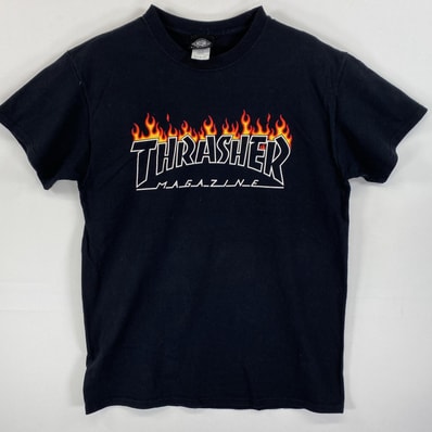 古着 スラッシャー THRASHER 半袖Tシャツ ラバープリント ブランドロゴ ファイヤーパターン M ブラック メンズ
