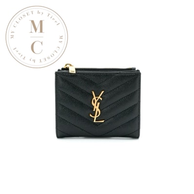サンローラン SAINT LAURENT 財布 二つ折り財布 ミニ財布 ミニウォレット ブラック ゴールド 2パーツ ジップウォレット Vステッチ YSLロゴ キルティング