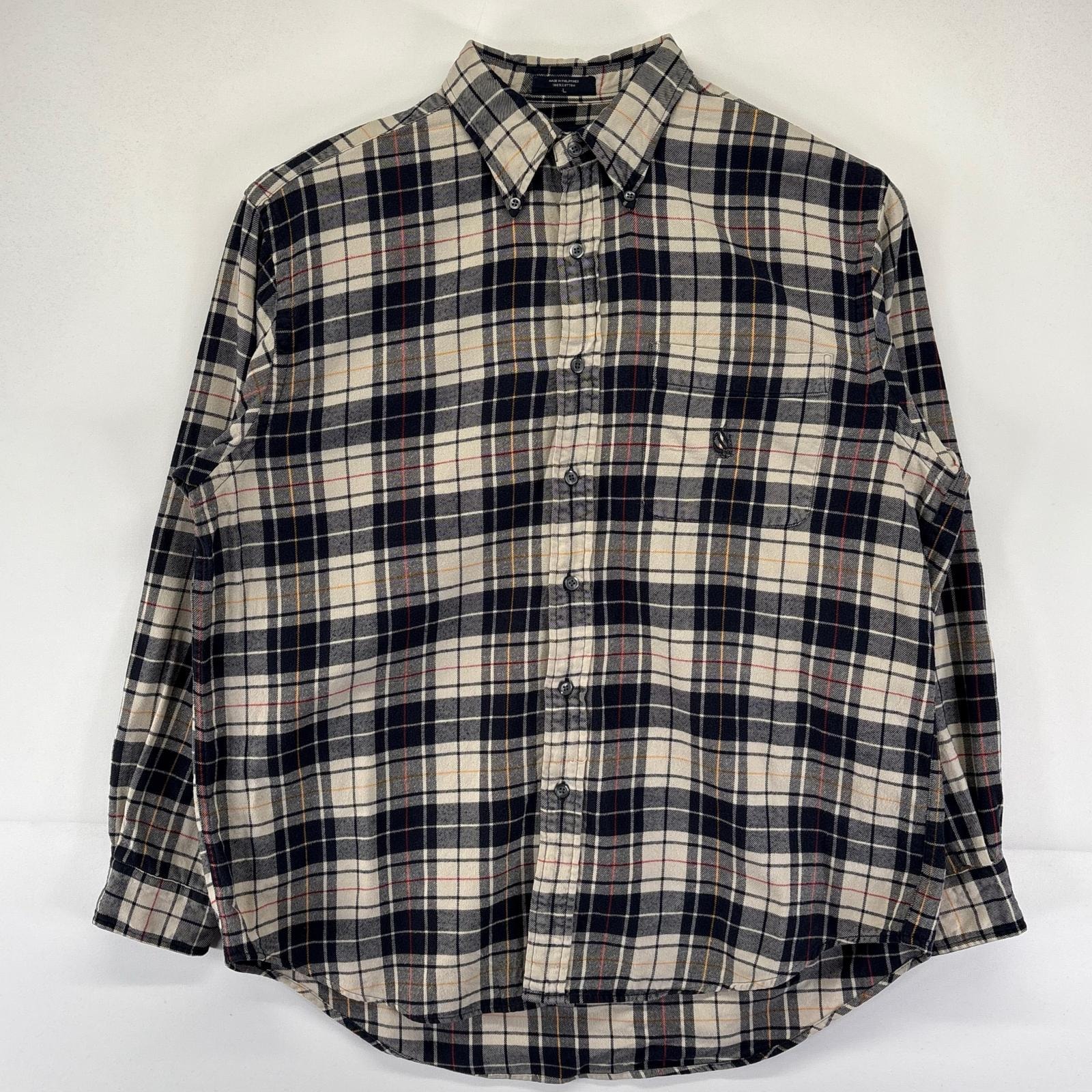 古着 ノーティカ NAUTICA 長袖シャツ ボタンダウン チェック柄 ワンポイントロゴデザイン ネルシャツ  L  ベージュ メンズ
