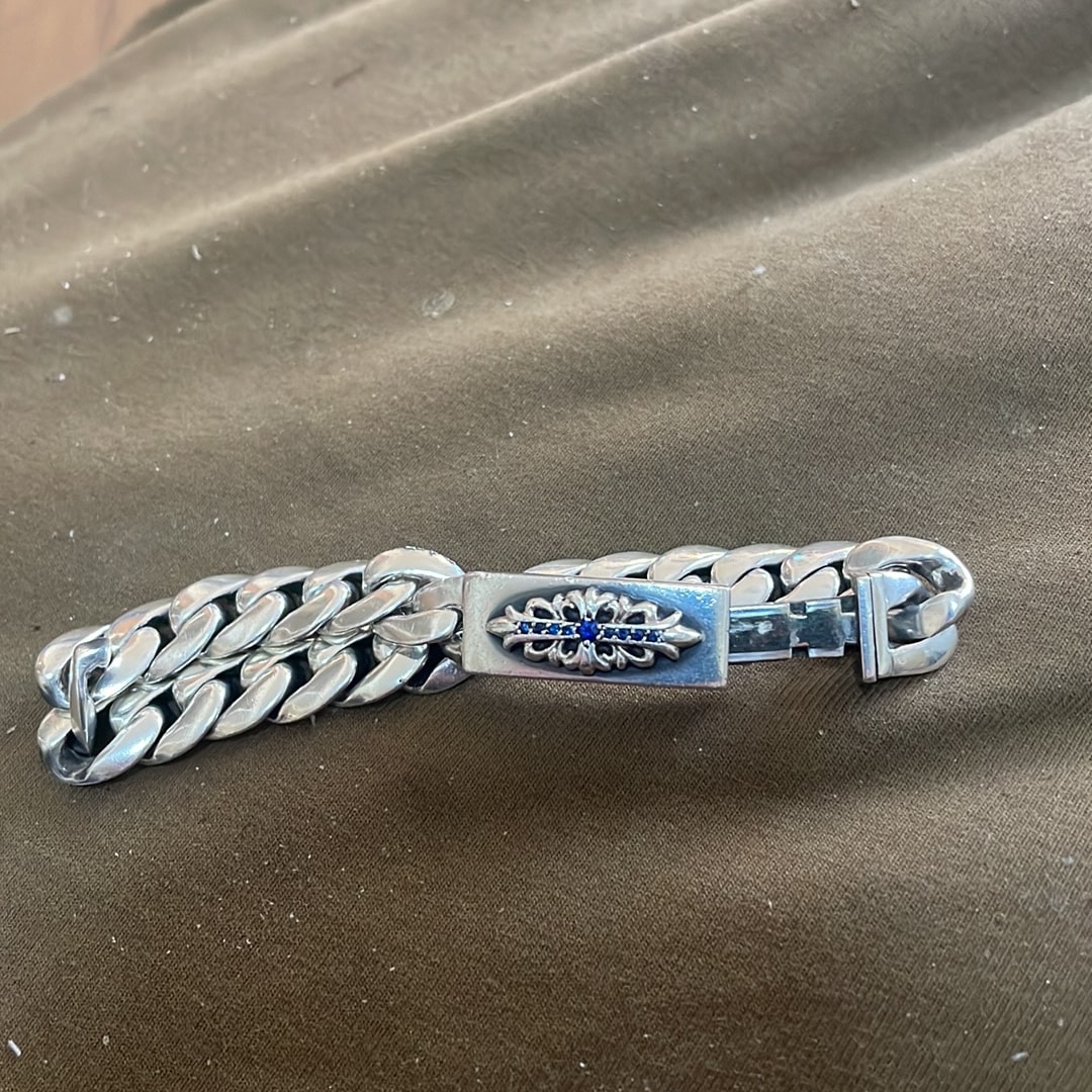 Chrome Hearts Floral Cross Classic Link ID Bracelet Pave Diamonds "Silver/Clear"