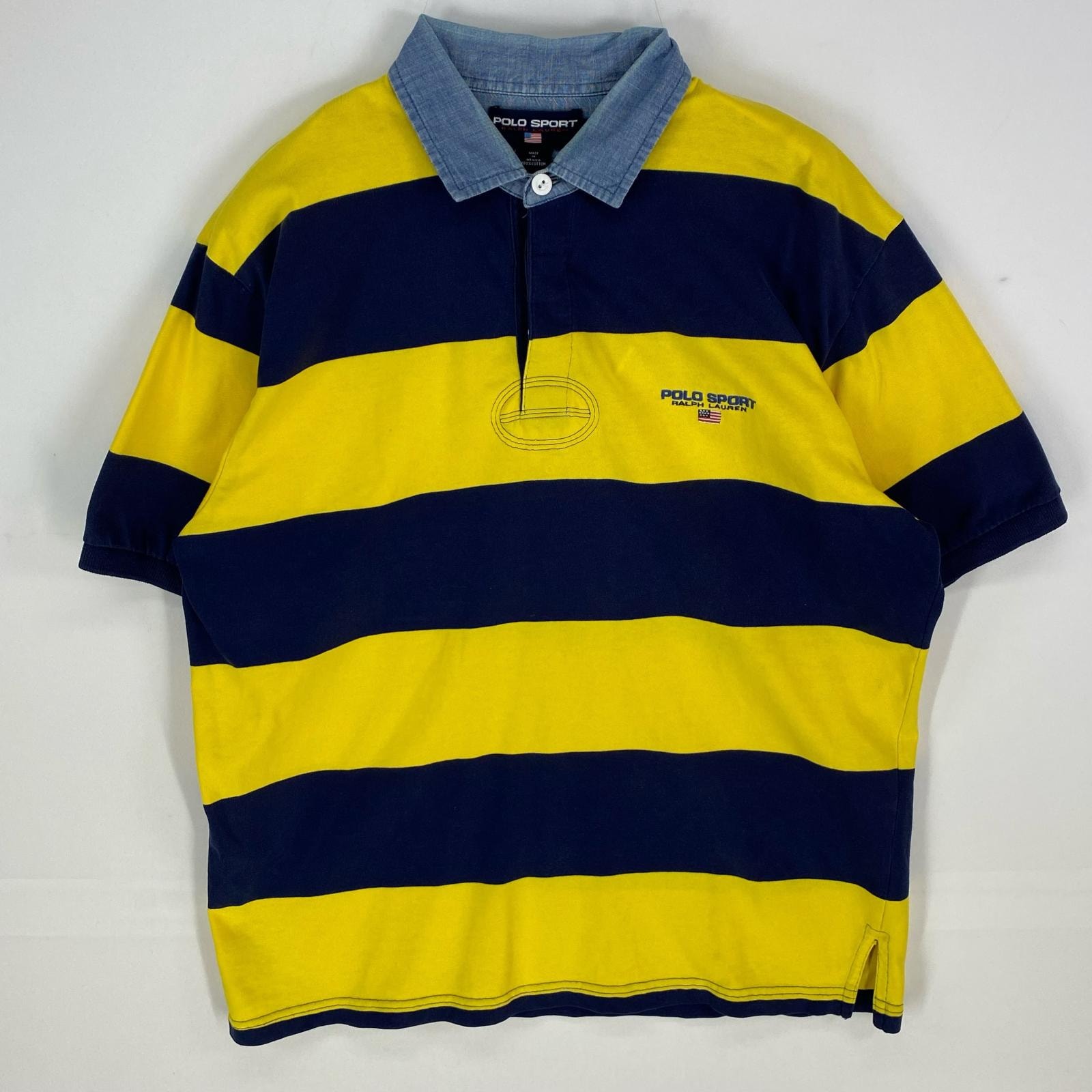 古着 ポロスポーツ POLO SPORTS 半袖シャツ ワンポイントロゴ刺繍 ポロシャツ ハーフボタン L ネイビー系 ボーダー メンズ