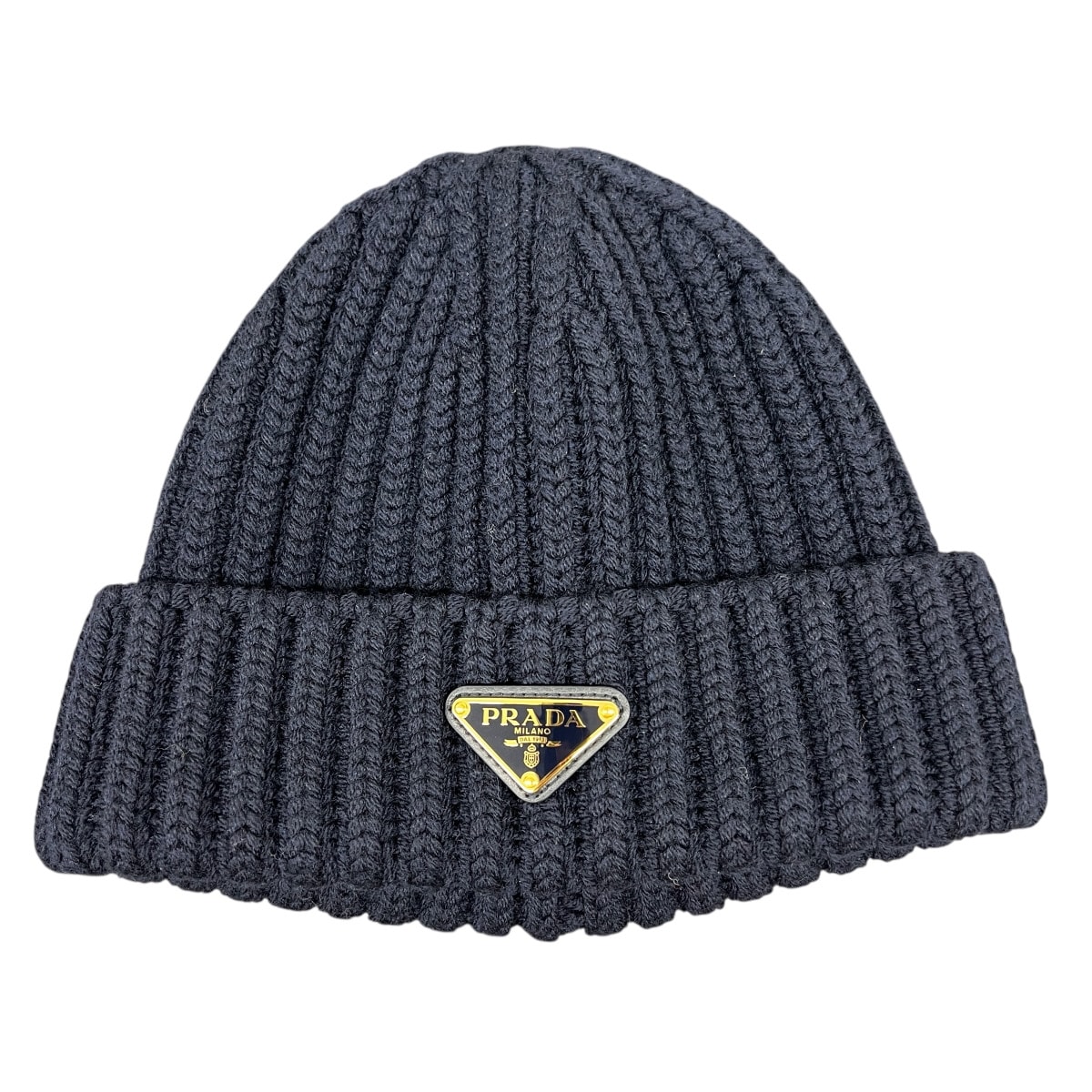 PRADA 希少 展示品級 プラダ トライアングル ロゴ ビーニー 1HC390 ニットキャップ ニット帽 ダークネイビー ゴールド 帽子 三角プレート ロゴプレート 極美品 SAランク 中古 鑑定済 プラダニット帽