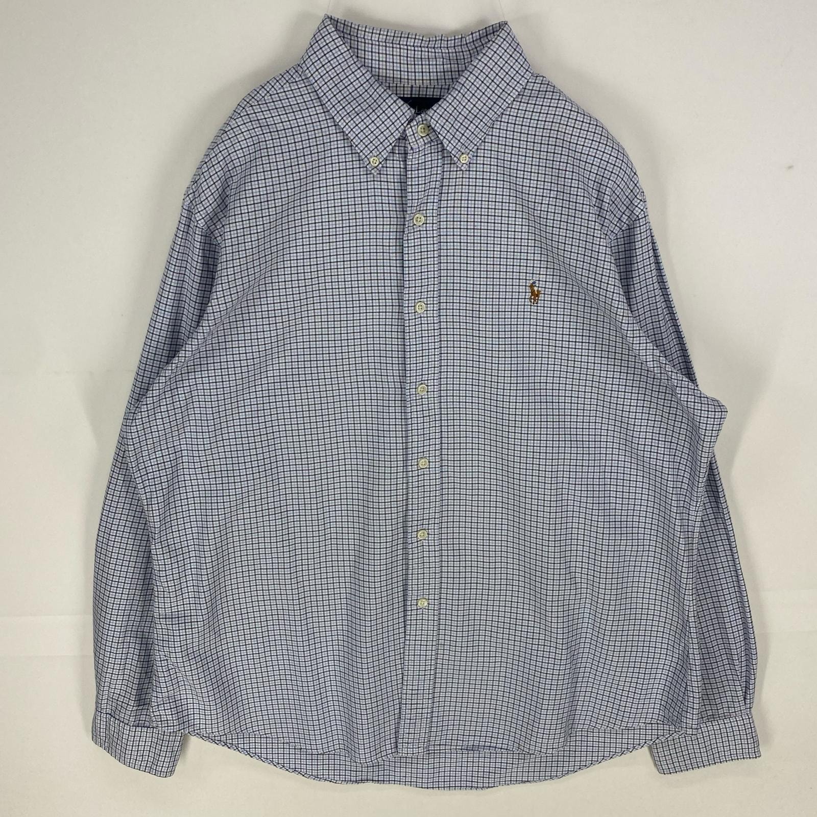 古着 ラルフローレン RALPH LAUREN 長袖シャツ ボタンダウン 刺繍ロゴ カラーポニー ロングスリーブ XL  ブルー系 チェック メンズ