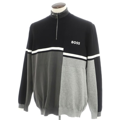 【中古】ボス BOSS コットン ナイロンポリウレタン 切り替えデザイン ハーフジップ プルオーバーニット ブラックxグレー【サイズXXL】【メンズ】