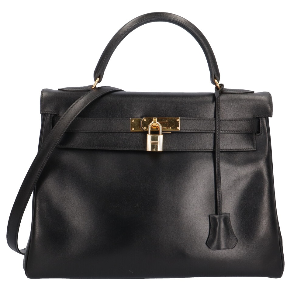 エルメス ケリー32 ショルダーバッグ ボックスカーフ ブラック レディース HERMES  中古