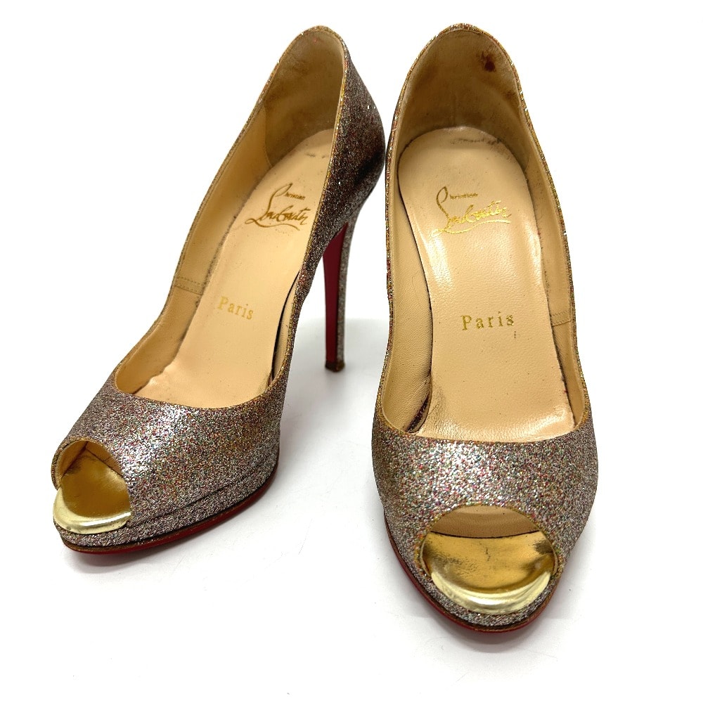 クリスチャンルブタン Christian Louboutin ラメ オープントゥ アパレル パンプス レザー マルチカラー