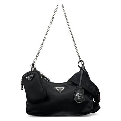 PRADA 展示品級 プラダ Re-Edition 2005 リエディション RE-NYLON リナイロン 2way チェーン ショルダーバッグ 1BH204 ナイロン レザー ブラック トライアングルロゴ ロゴプレート SAランク 鑑定済 中古 プラダバッグ