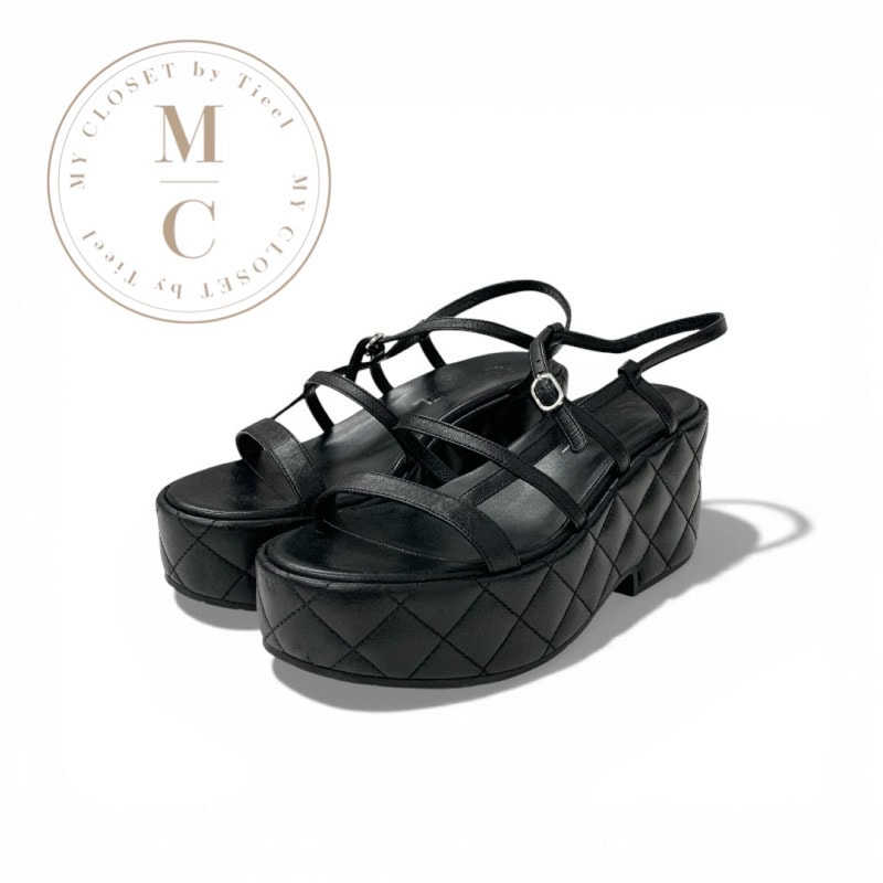 シャネル CHANEL サンダル 靴 シューズ レザー ブラック 黒 マトラッセ ココマーク ストラップ 厚底 プラットフォーム