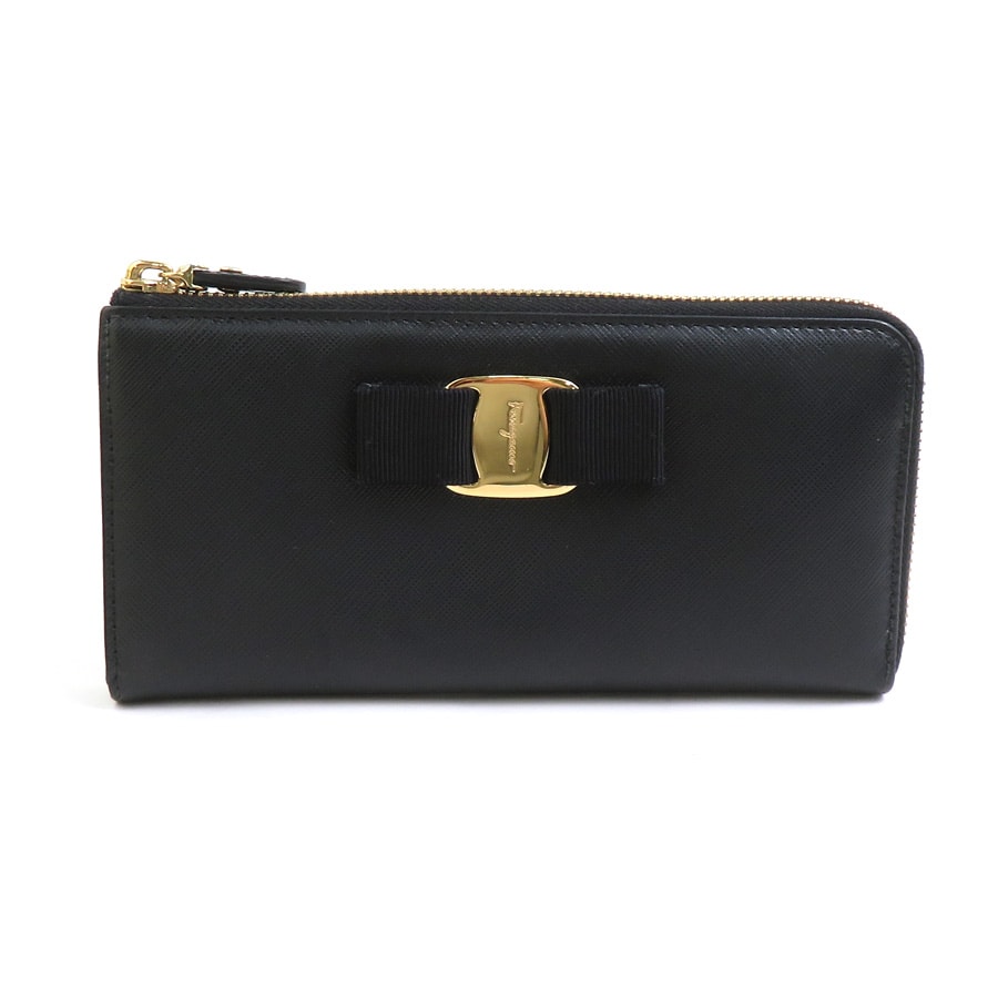 サルヴァトーレフェラガモ Salvatore Ferragamo ラウンドファスナー長財布 ヴァラリボン レザー ブラック レディース【中古】 h31413a