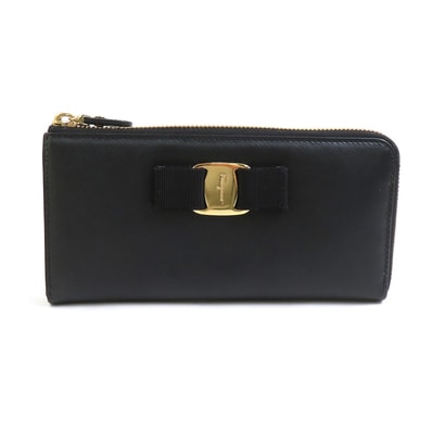 サルヴァトーレフェラガモ Salvatore Ferragamo ラウンドファスナー長財布 ヴァラリボン レザー ブラック レディース【中古】 h31413a