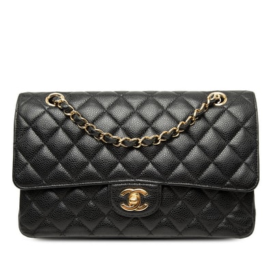 シャネル ココマーク マトラッセ25 ダブルフラップ チェーン ショルダーバッグ ブラック キャビアスキン レディース CHANEL 【中古】