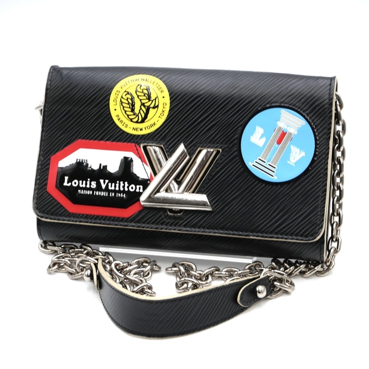 LOUIS VUITTON(ルイ・ヴィトン)ツイスト チェーンウォレット ショルダーバッグ エピレザー ブラック ステッカーデザイン LVロゴ シルバー金具 レディース【中古】