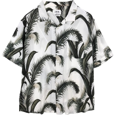 古着 ステューシー STUSSY 総柄 リーフ柄 オープンカラー レーヨン ハワイアンアロハシャツ ボックスシャツ メンズS相当/eaa648046