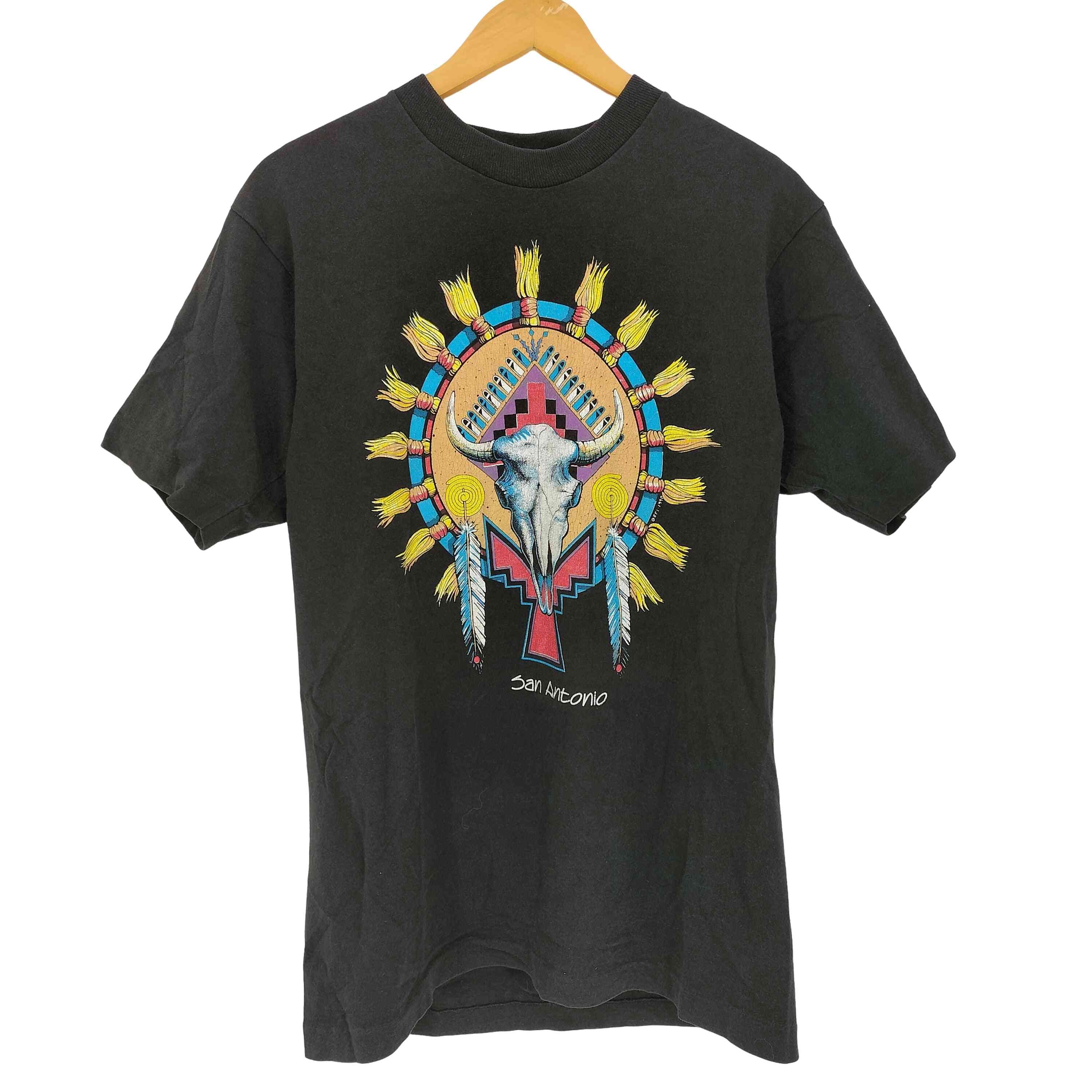 80s USA製 シングルステッチ San Antonio バッファロースカル フェザープリント クルーネック半袖Tシャツ【1142447597022】