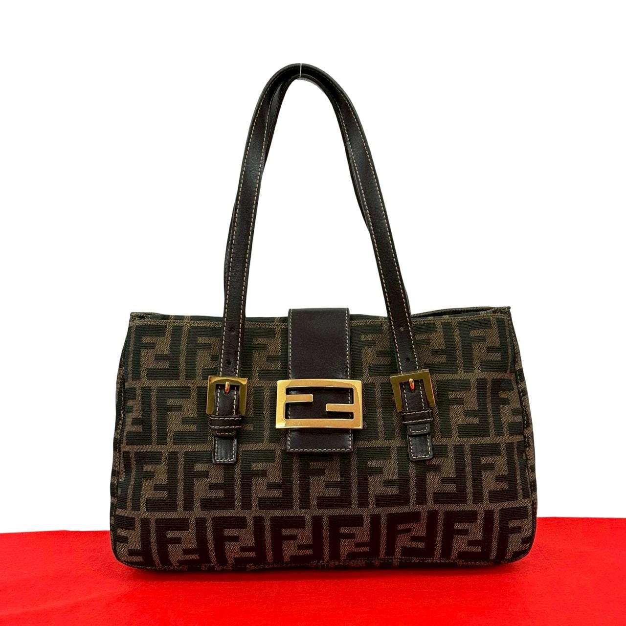 FENDI フェンディ FF ロゴ 金具 レザー キャンバス ハンドバッグ ブラウン
59229