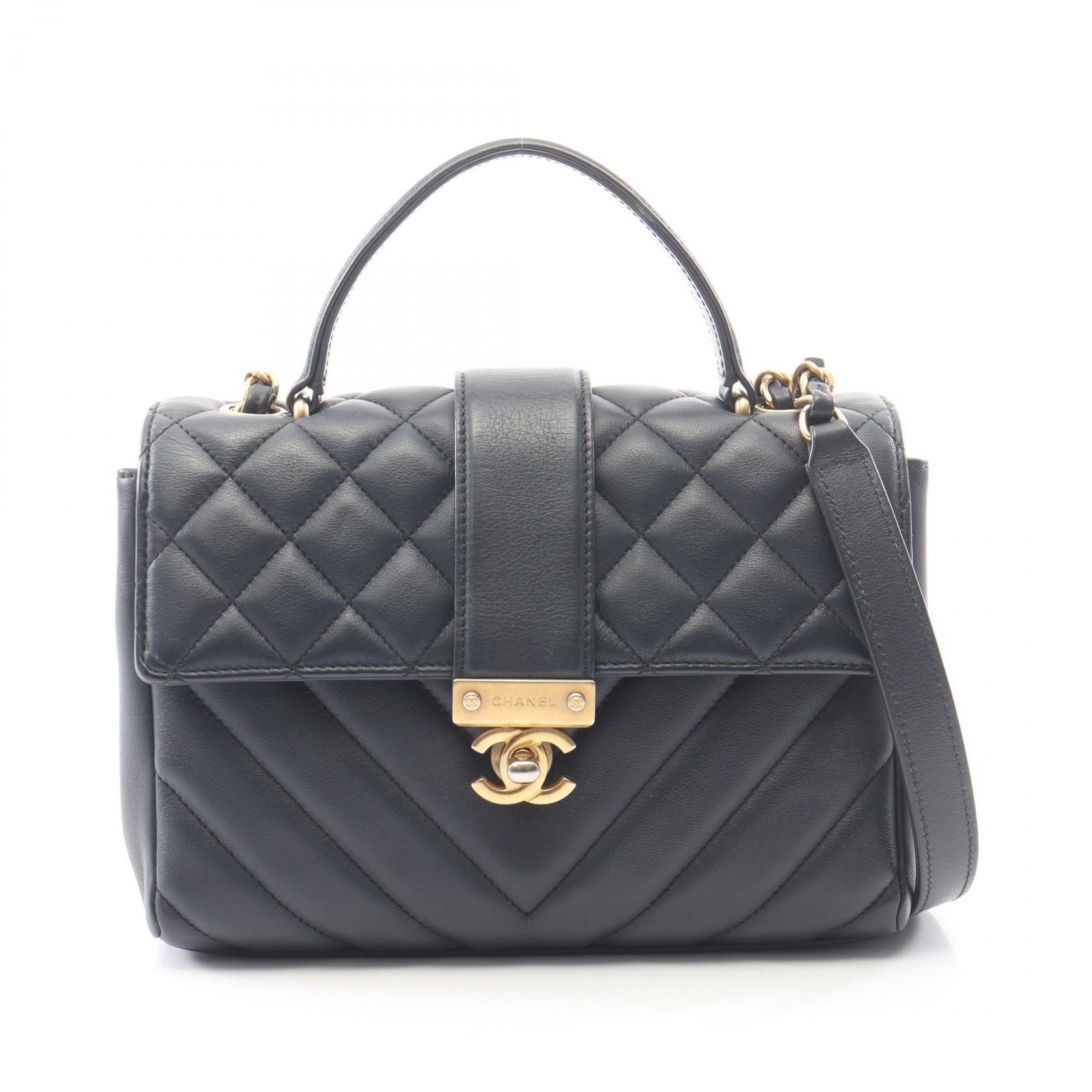 シャネル CHANEL マトラッセ Vステッチ トップハンドル 2WAY ショルダーバッグ バッグ レザー レディース ネイビー系 【中古】