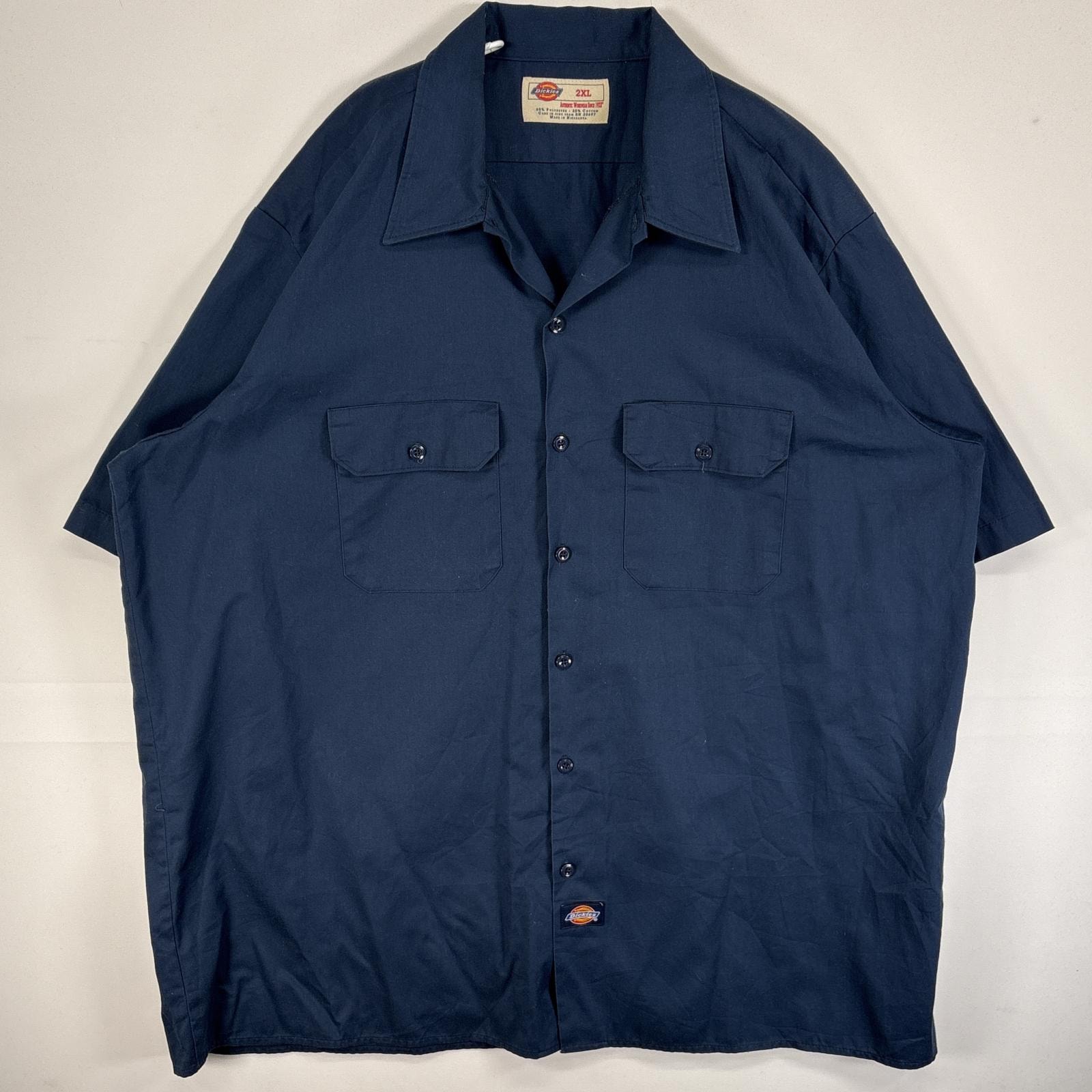 古着 ディッキーズ Dickies 半袖シャツ ワーク 作業着 フラップポケ 大きいサイズ ワンポイント ロゴ 2XL  ネイビー 無地 メンズ
