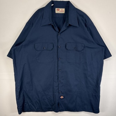 古着 ディッキーズ Dickies 半袖シャツ ワーク 作業着 フラップポケ 大きいサイズ ワンポイント ロゴ 2XL ネイビー 無地 メンズ