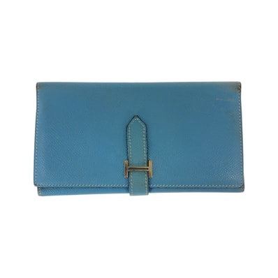 HERMES エルメス べアン ブルージーン 水色 ゴールド金具 ヴォーエプソン 三つ折り 長財布 ロングウォレット I刻印 1-0292559 【中古】