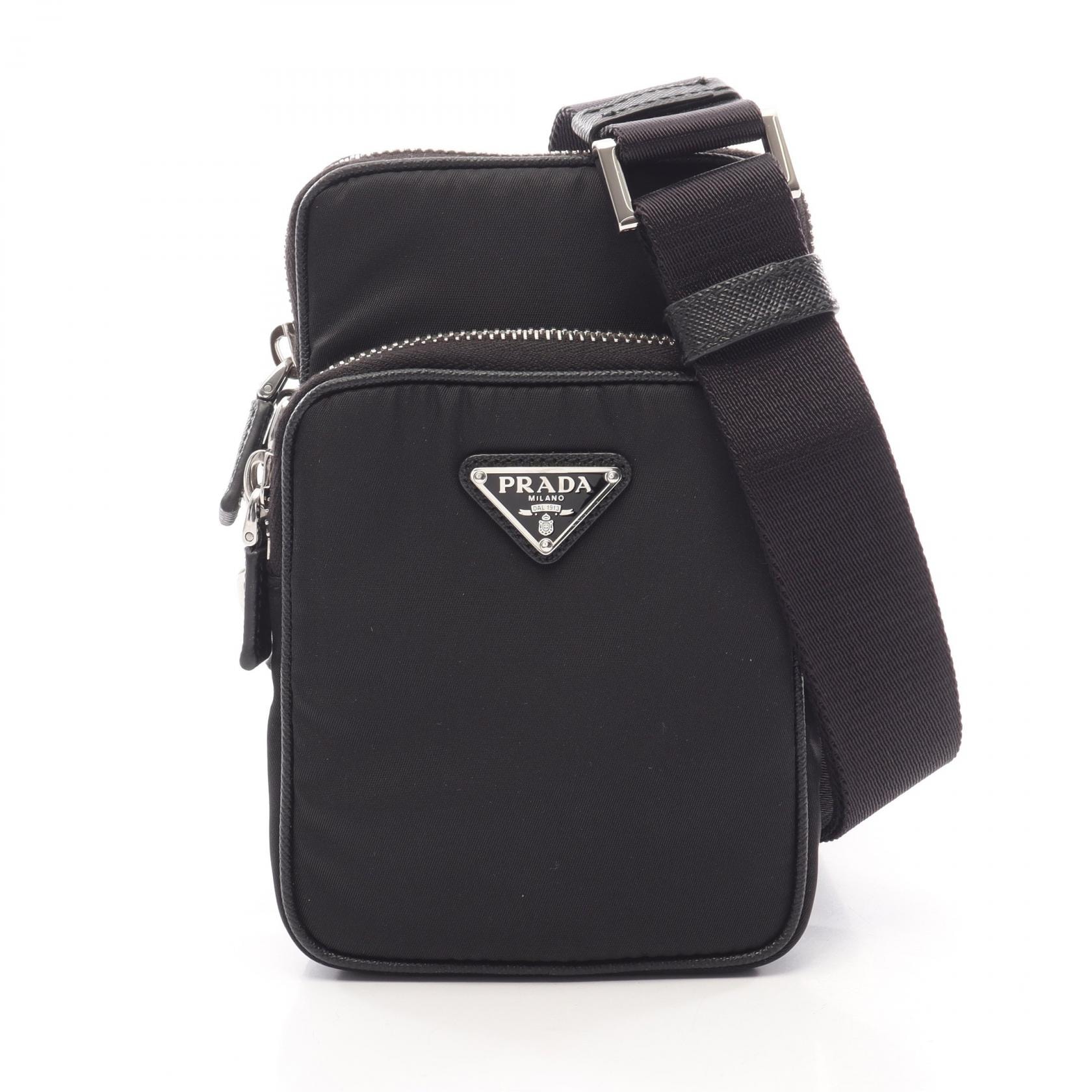プラダ PRADA 三角プレート フォンケース ショルダーバッグ バッグ ナイロン サフィアーノレザー メンズ レディース ブラック系 【中古】
