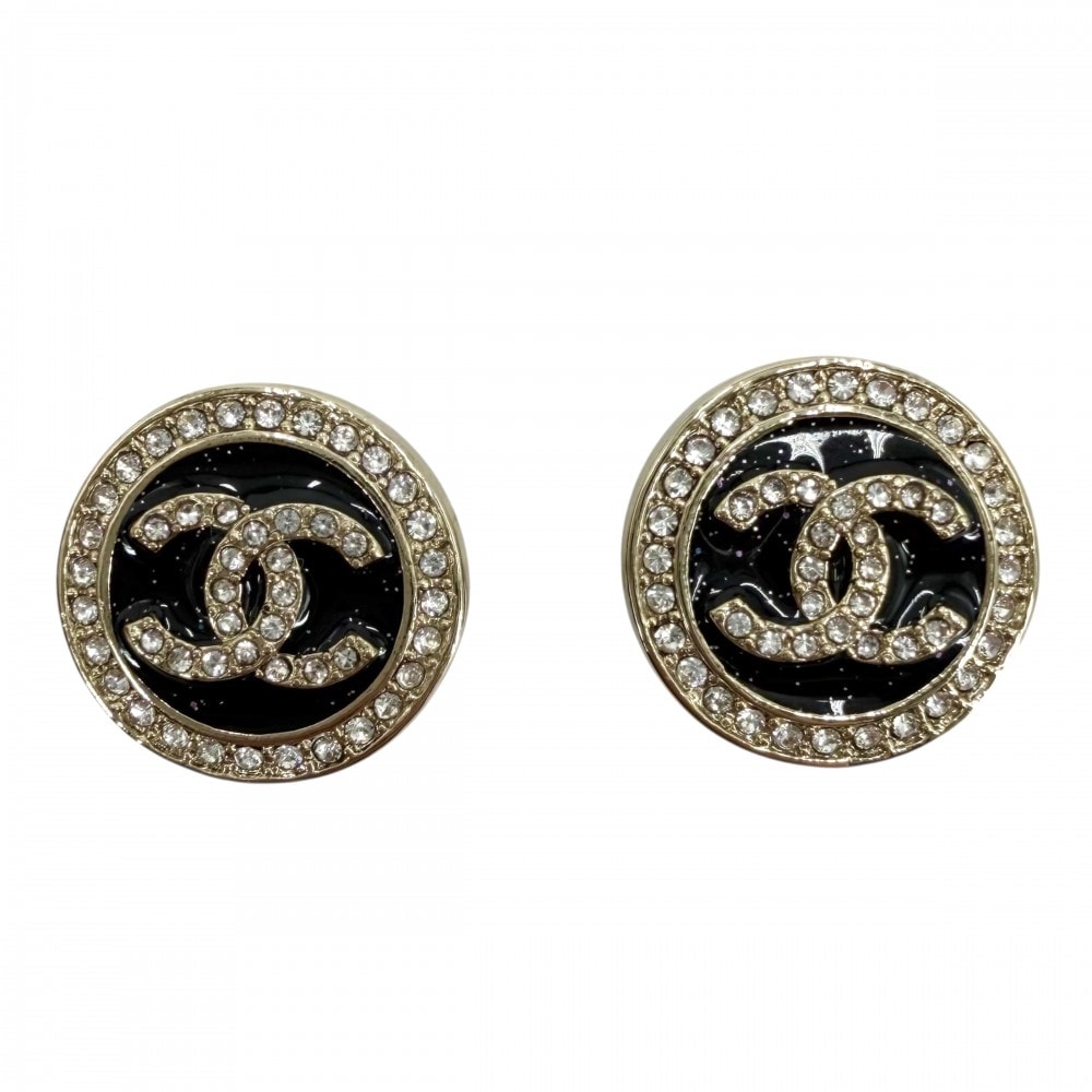 CHANEL シャネル ピアス ココマーク アクセサリー ラウンド 25/26AW ラインストーン  GP   B25B ゴールド ブラック 黒 レディース 約11.5g 美品 2025年【中古品】