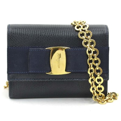 サルヴァトーレフェラガモ Salvatore Ferragamo ショルダーバッグ ヴァラリボン 型押しレザー ネイビー レディース【中古】 56652k