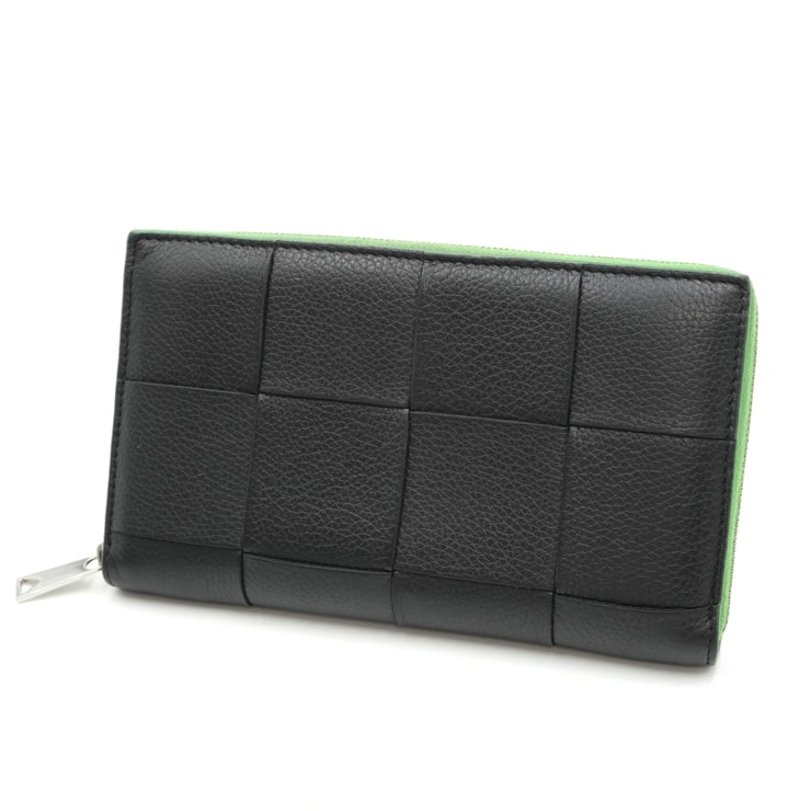 BOTTEGA VENETA(ボッテガ・ヴェネタ)マキシ イントレチャート カセット ジップアラウンドウォレット 長財布 ブラック×グリーン レザー シルバー金具 レディース【中古】