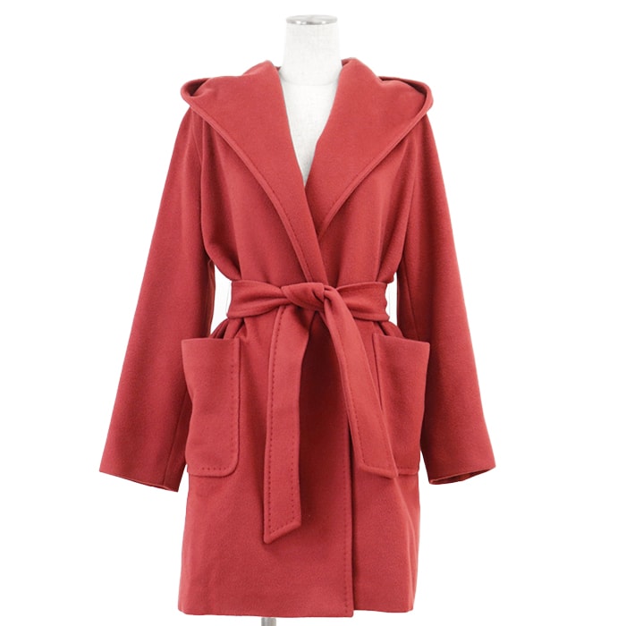MaxMara マックスマーラ フーデットコート RIALTO リアルト キャメル100% メルトン シグネチャー ロゴ ライニング ガウン 無地 アウター ベルト付属 レディース サイズ 40 ダークレッド イタリア製